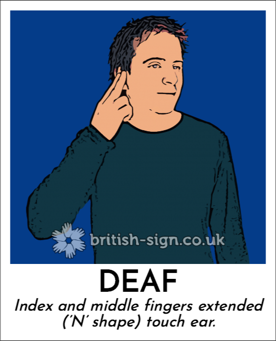 Deaf: Index and middle fingers extended (’N’ shape) touch ear.
